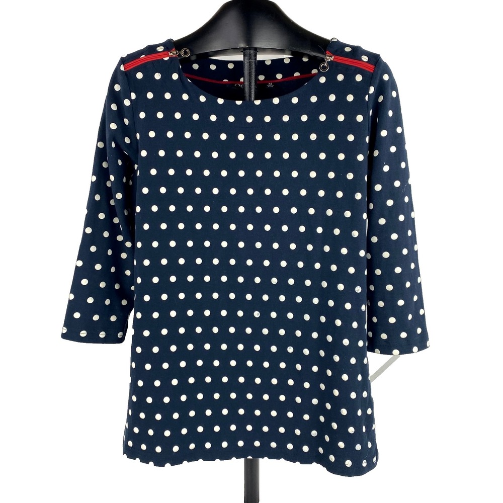 Onque Casual Top Blouse Women's M Shirt Polka Dots Black Cotton Blend Red Zips